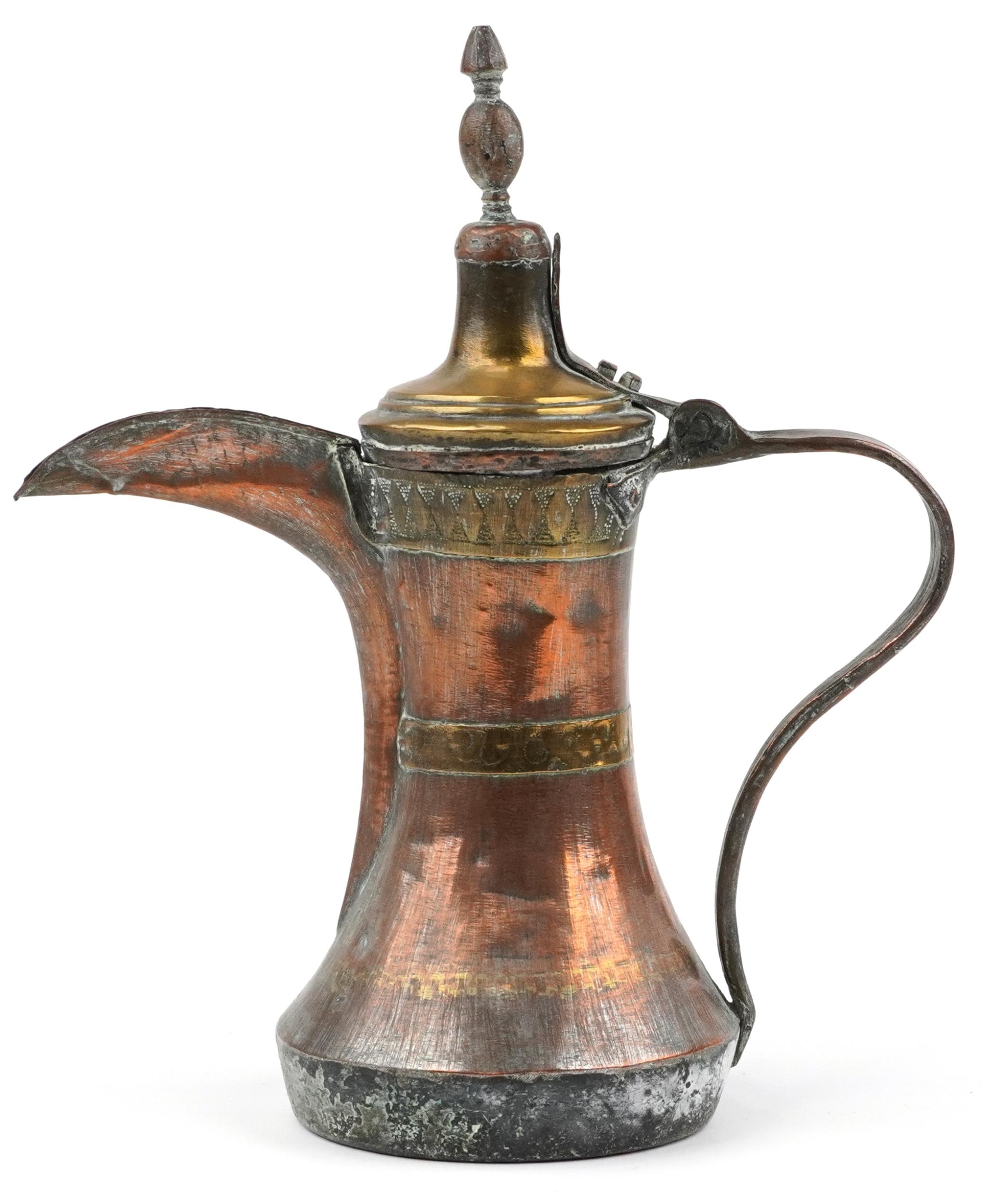 Antique Omani copper and brass dallah coffee pot with foliate engraved bands, 23cm high - Image 2 of 8