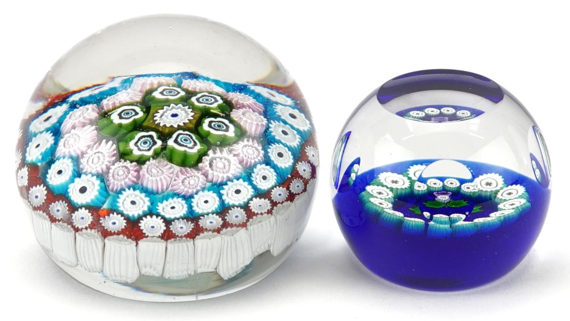 Two millefiori glass paperweights including a Caithness miniature thistle example, the largest 8cm - Image 2 of 5