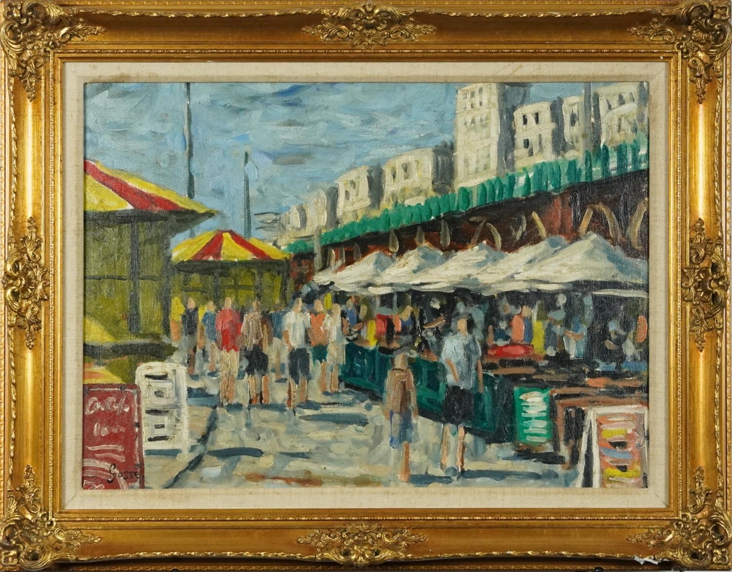 Manner of Sylvia Gosse - Busy market scene, Camden school oil on board, mounted and framed, 54cm x - Image 2 of 6