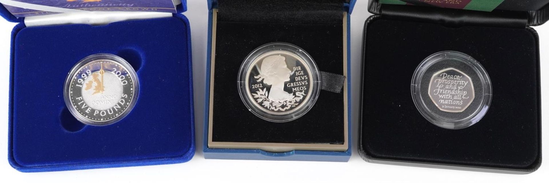 Three silver proof coins by The Royal Mint with fitted cases, comprising Millennium silver proof - Image 2 of 3