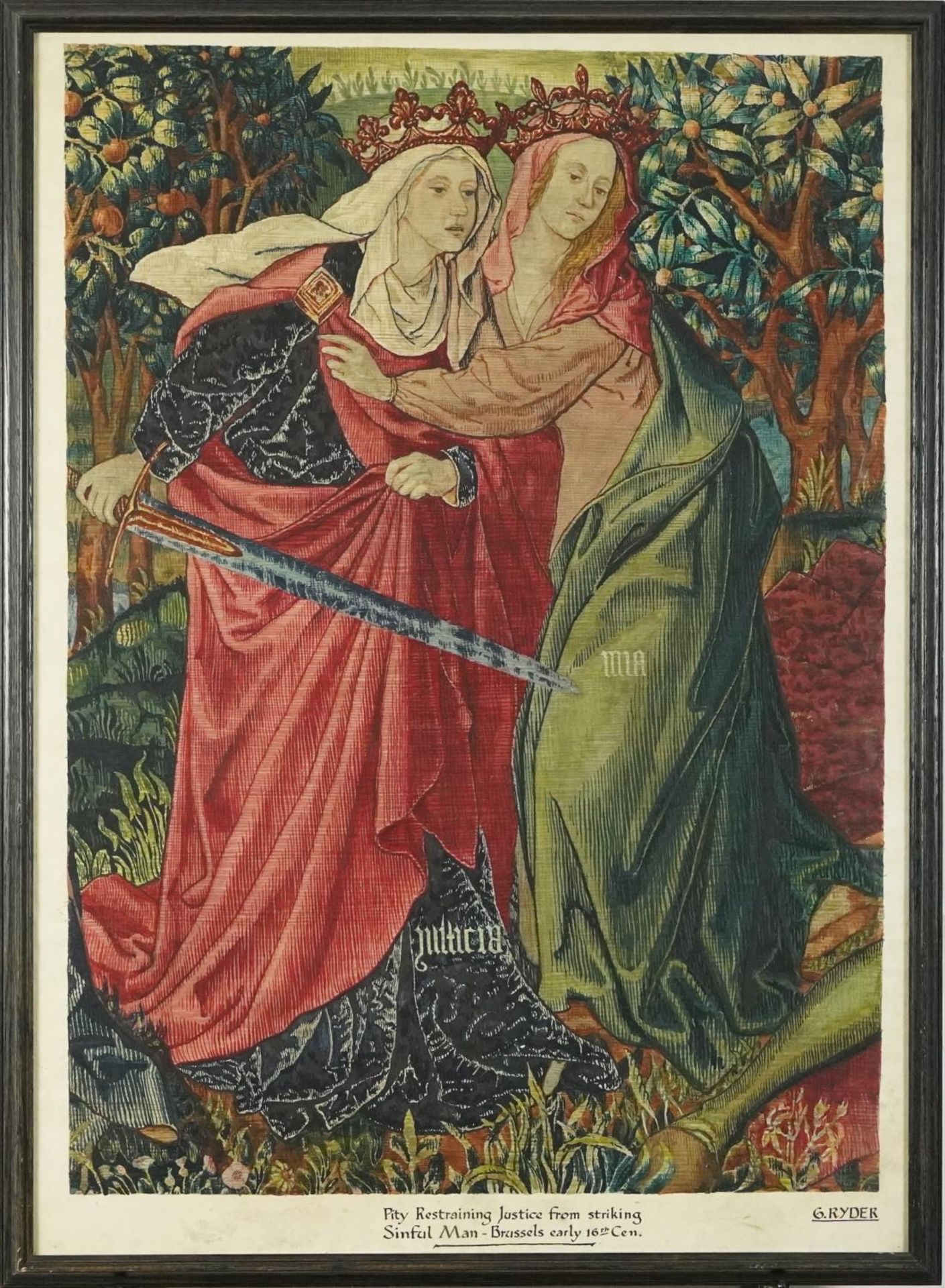 G Ryder - Pity Restraining Justice Striking Sinful Man Brussels early 16th century, Pre-Raphaelite - Image 2 of 5