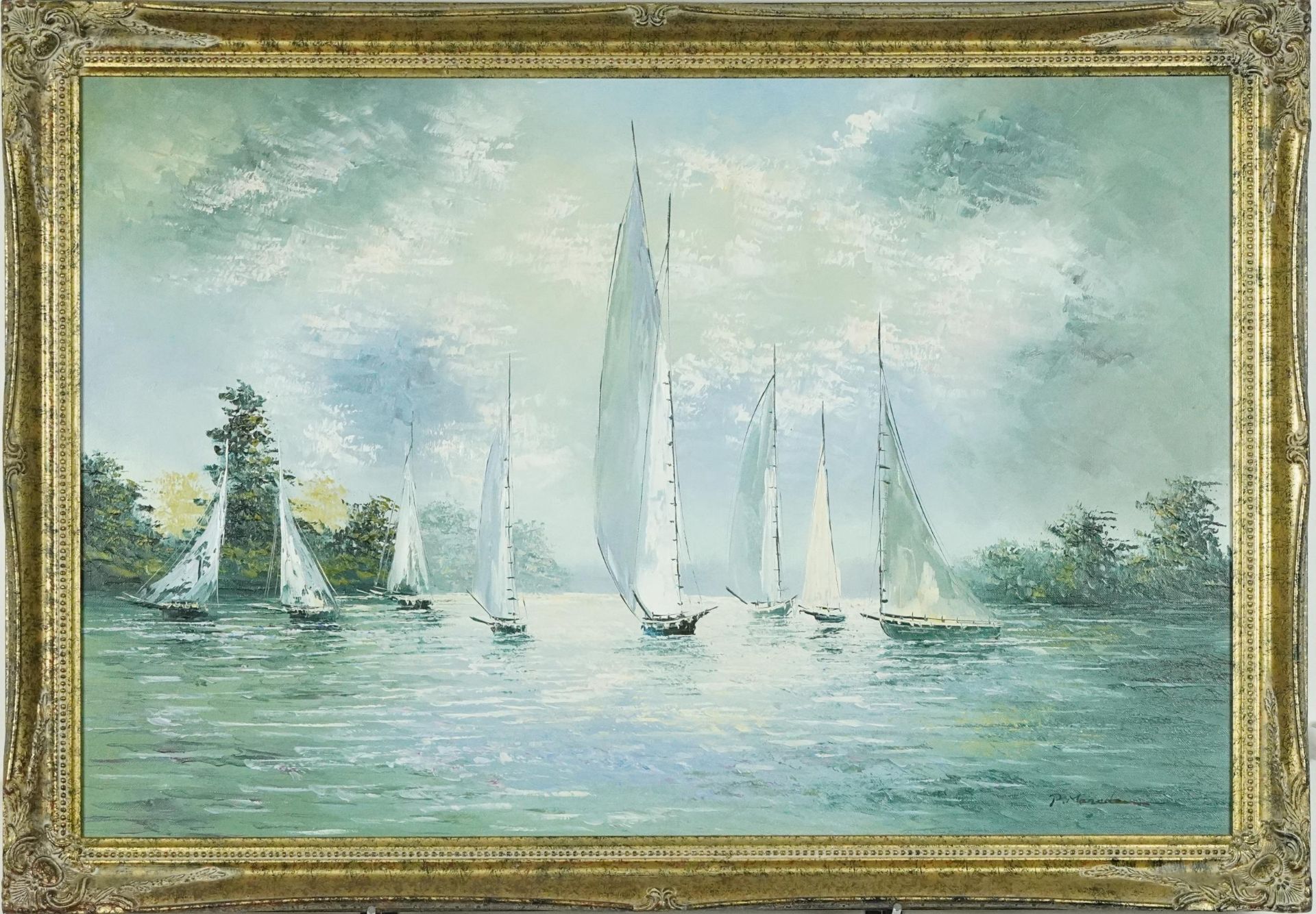 Sailing boats on calm water, contemporary Impressionist oil on canvas, mounted and framed, 75.5cm - Bild 2 aus 4