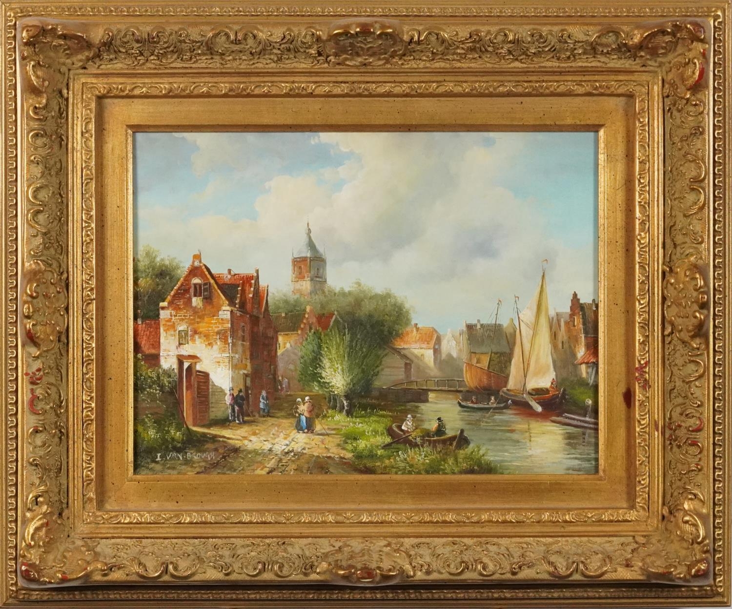 I Van Brough - Figures beside a canal, contemporary Dutch school oil on panel, certificates verso, - Image 2 of 8