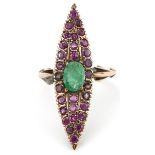 Antique unmarked gold ruby and emerald navette ring, the emerald approximately 7.80mm x 5.60mm x 3.
