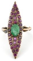 Antique unmarked gold ruby and emerald navette ring, the emerald approximately 7.80mm x 5.60mm x 3.