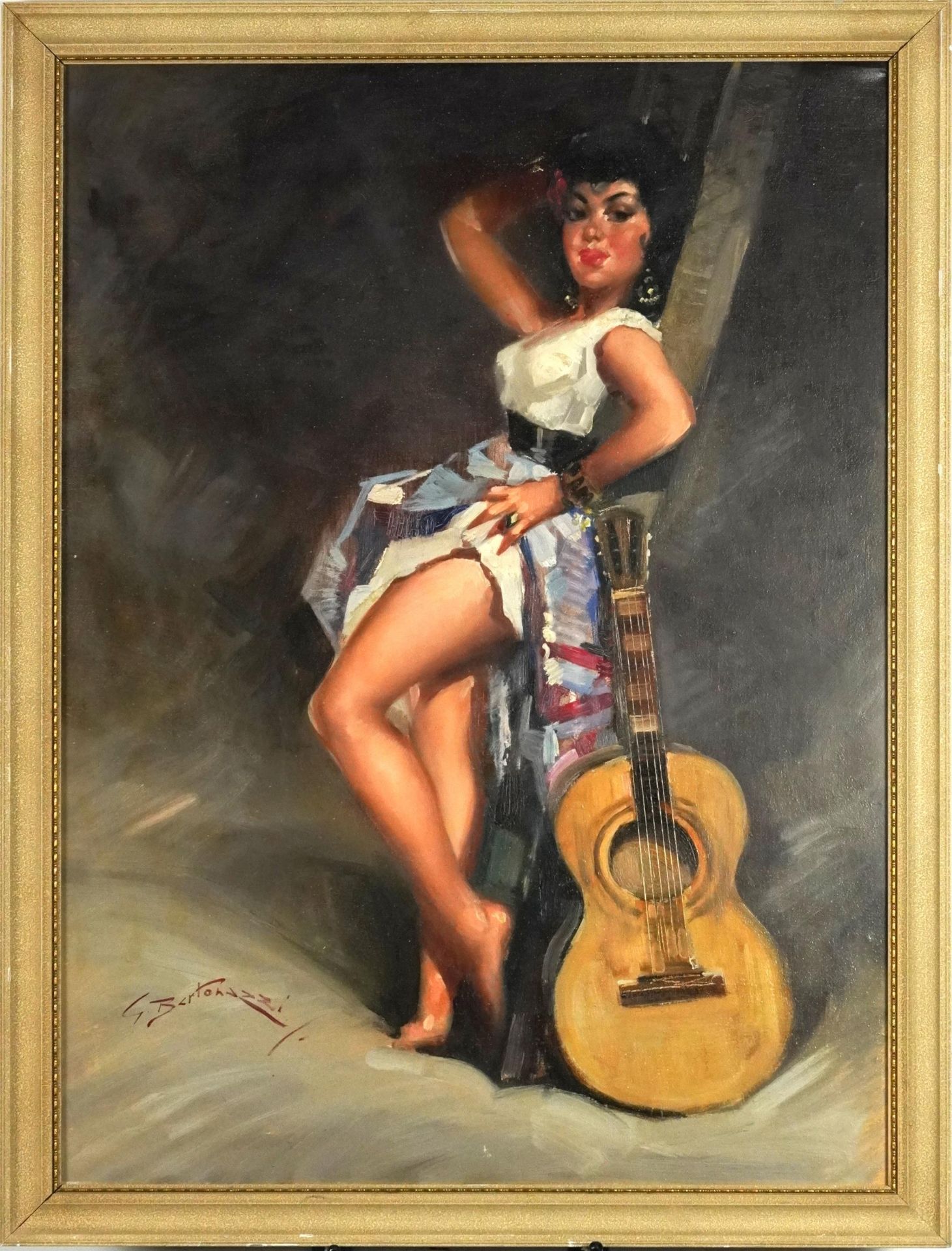 G Bertonazzi - Scantily dressed female beside a guitar, Italian school oil on board, mounted and - Bild 2 aus 4