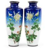 Pair of Japanese blue and white ground cloisonne vases enamelled with flowers, each 24.5cm high