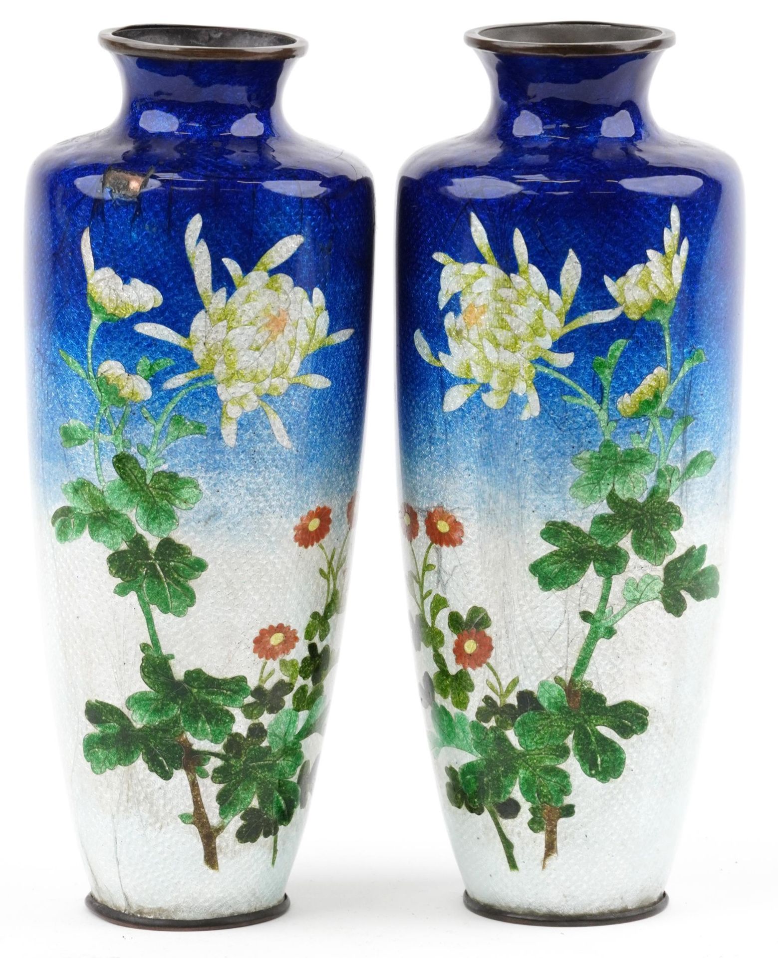 Pair of Japanese blue and white ground cloisonne vases enamelled with flowers, each 24.5cm high
