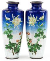 Pair of Japanese blue and white ground cloisonne vases enamelled with flowers, each 24.5cm high