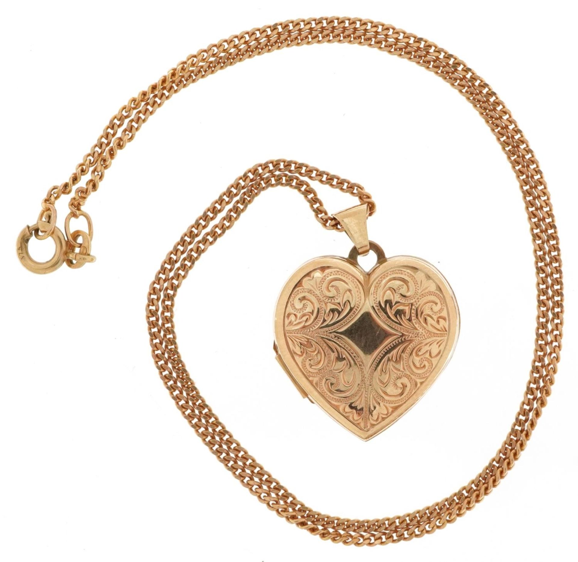 9ct gold floral engraved love heart locket on a 9ct gold necklace, 2.7cm high and 40cm in length, - Image 2 of 6