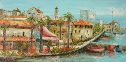 Kripps - Restaurant beside water, continental school oil on canvas, mounted and framed, 79cm x