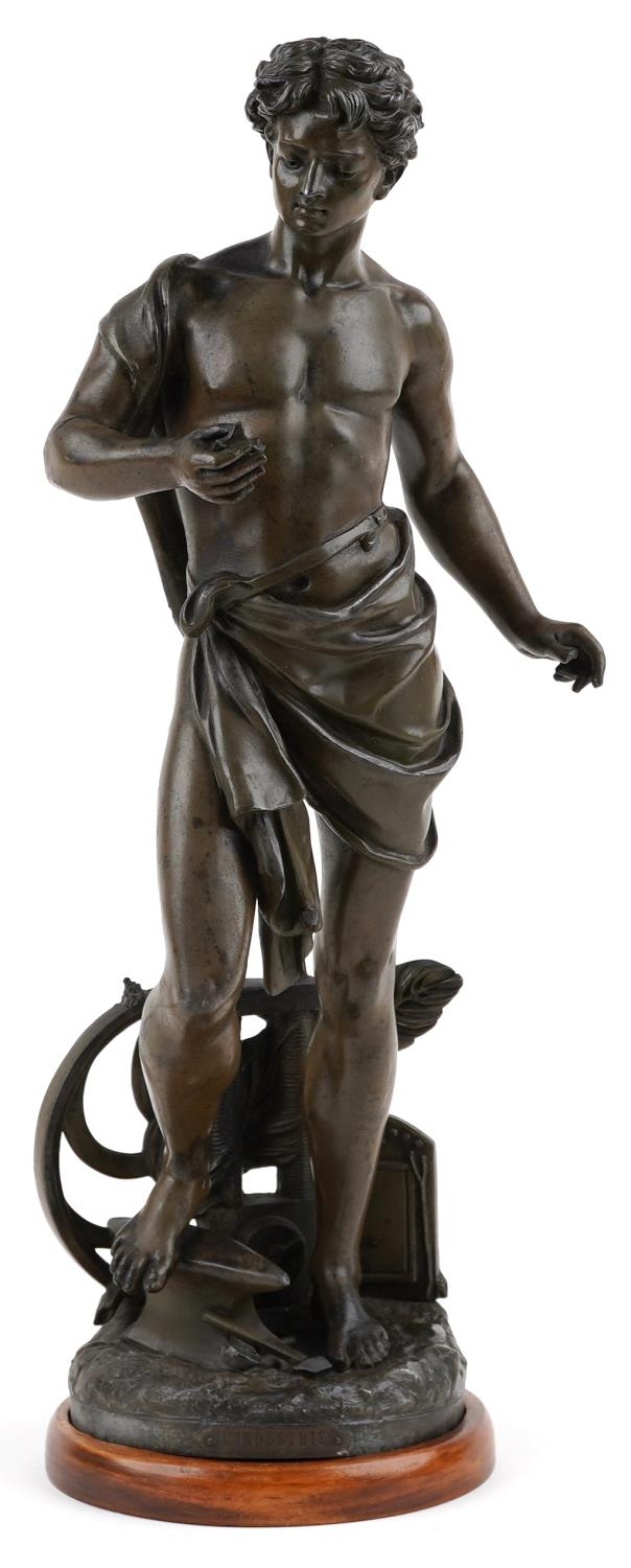 After Burchon, 19th century patinated spelter statue entitled L'Industrie raised on later hardwood