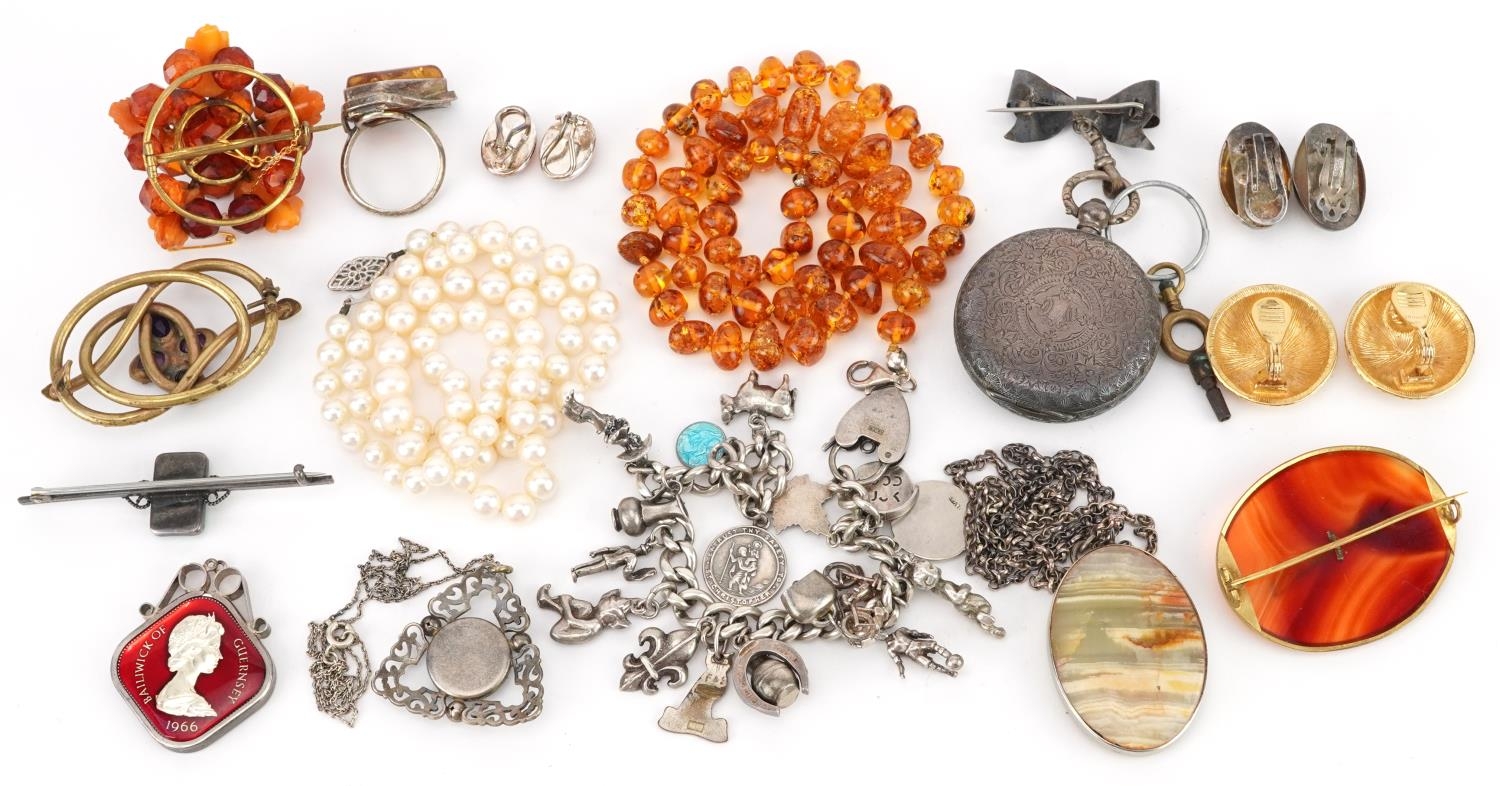 Antique and later jewellery and a ladies silver pocket watch including silver and natural amber - Image 4 of 4