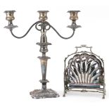 Mappin & Webb Princess silverplate warmer and a three branch silver plated candelabra, the largest