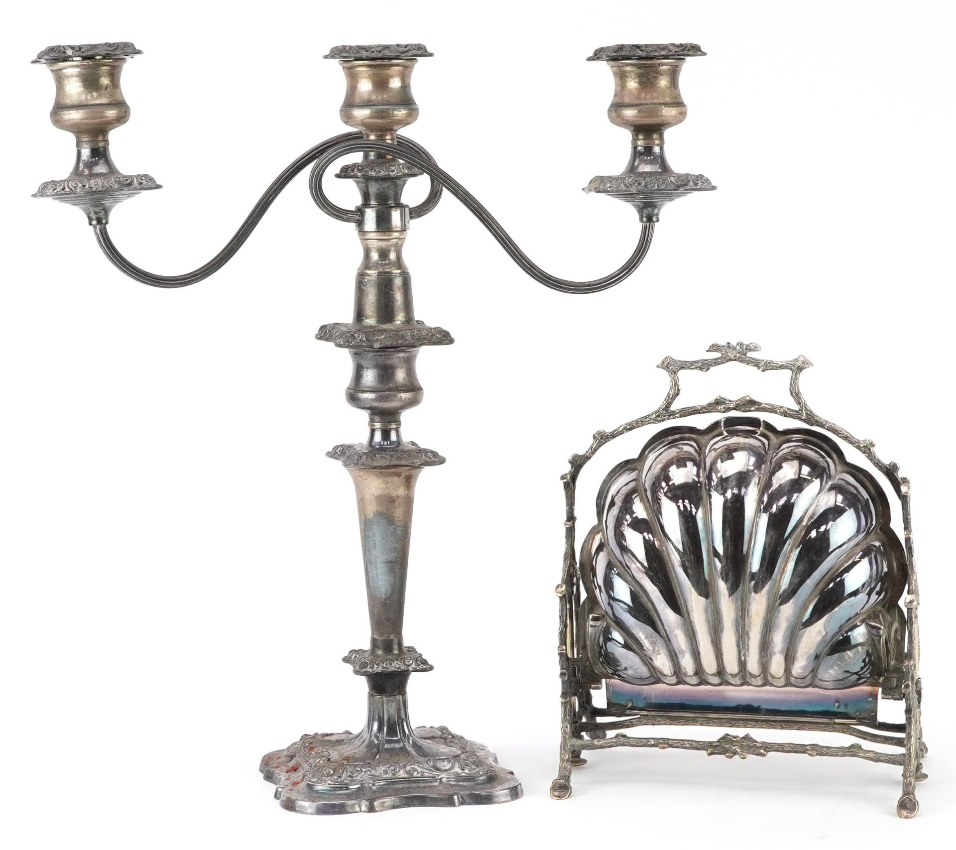 Mappin & Webb Princess silverplate warmer and a three branch silver plated candelabra, the largest