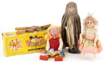 Vintage toys including a bisque headed doll with jointed limbs and a Goldilocks Pelham puppet with