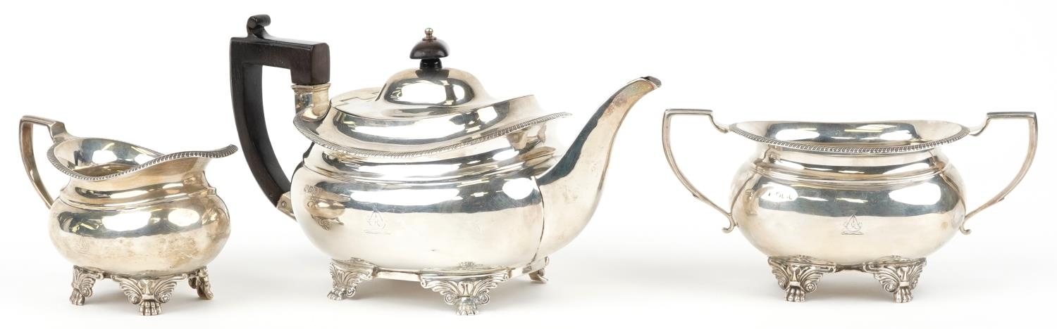 Daniel & John Wellby, Victorian silver three piece tea service, the teapot with wooden handle and - Image 3 of 6