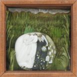 Irene Jones - Bride and groom, Cornish school glazed wall hanging diorama with hand painted stone,