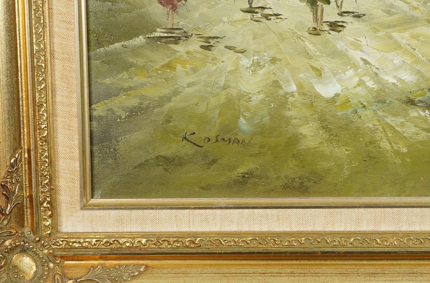 Kosman - Parisian street scene, impressionist oil on canvas, mounted and framed, 59.5cm x 50cm - Image 3 of 5