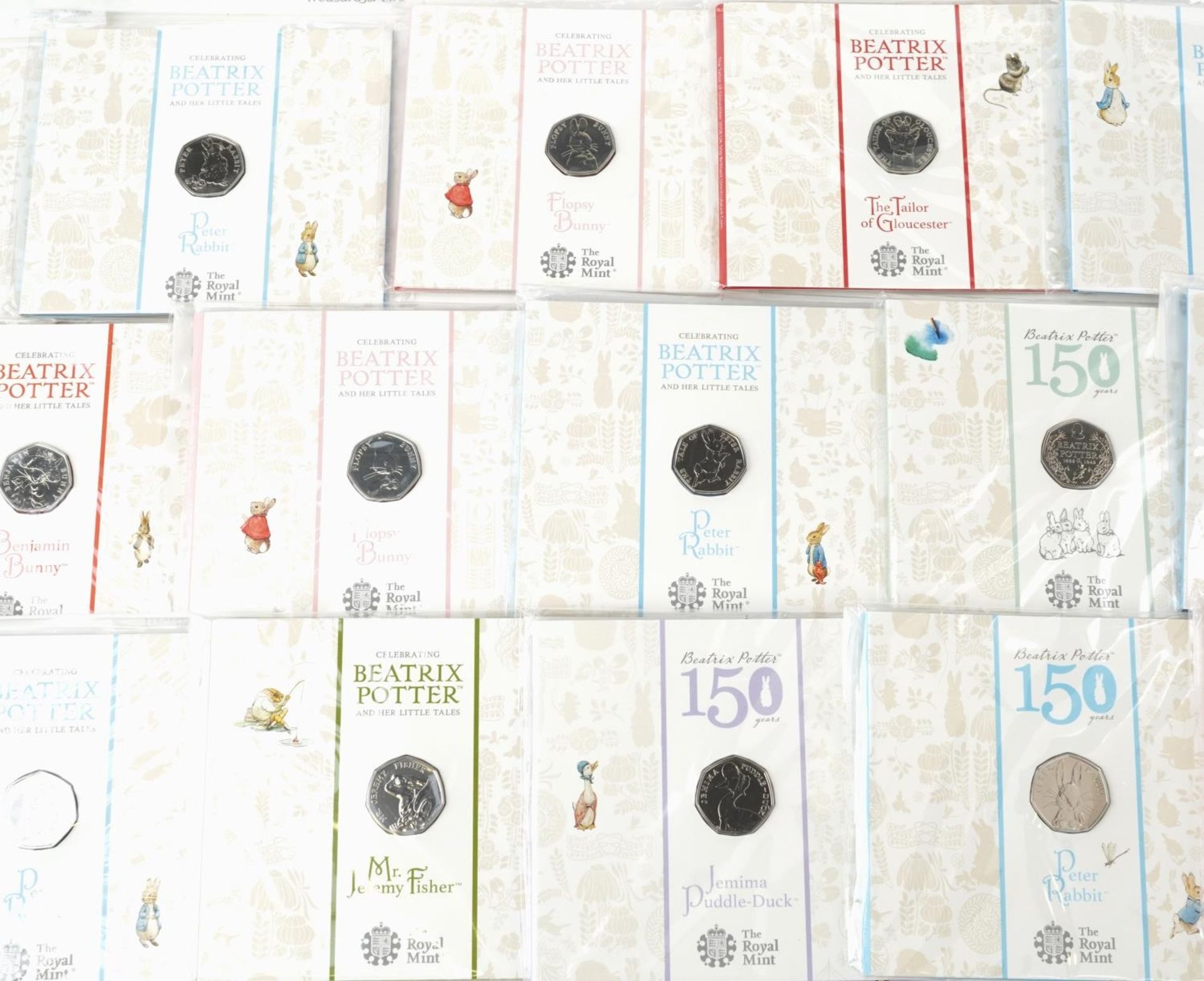 Seventeen Royal Mint Beatrix Potter commemorative fifty pence pieces with wrapping including Peter - Image 3 of 4