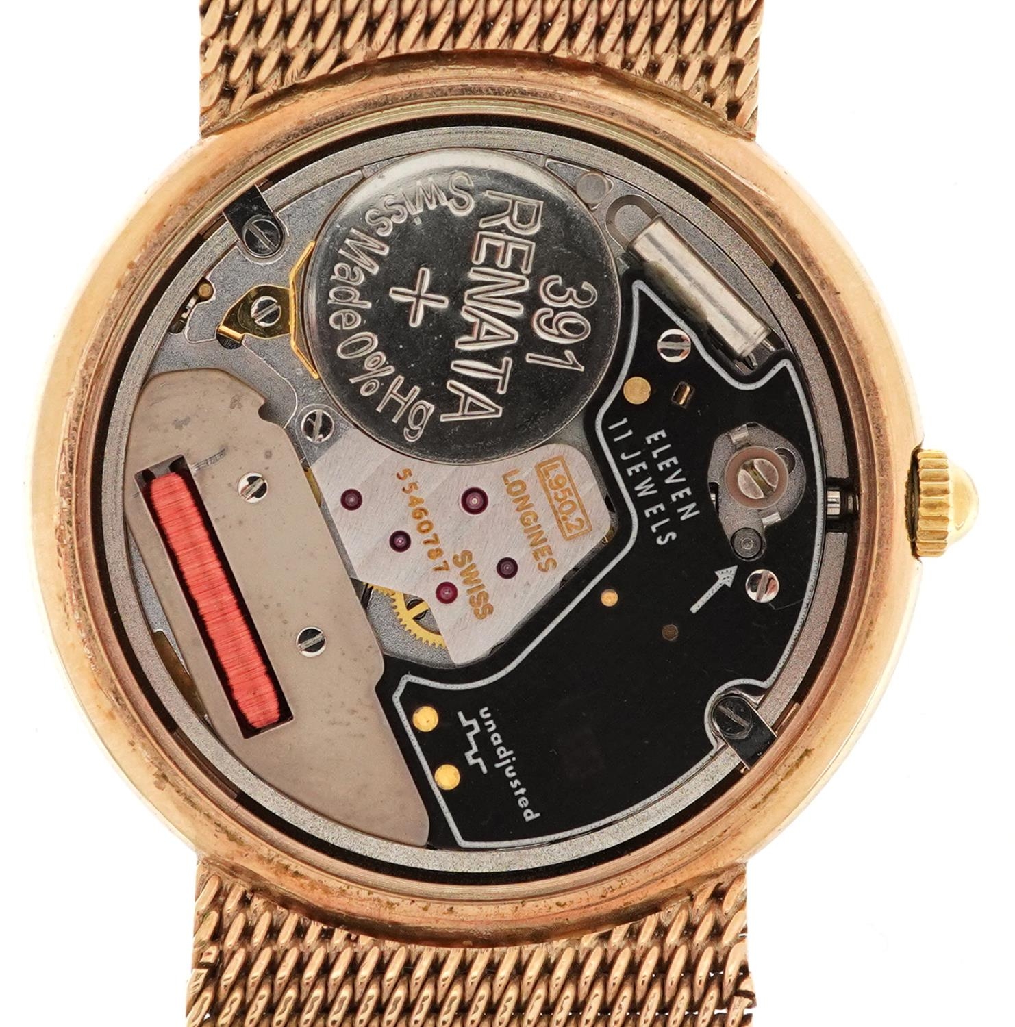 Longines, gentlemen's 9ct gold Longines quartz wristwatch with date aperture on a 9ct gold mesh link - Image 7 of 11