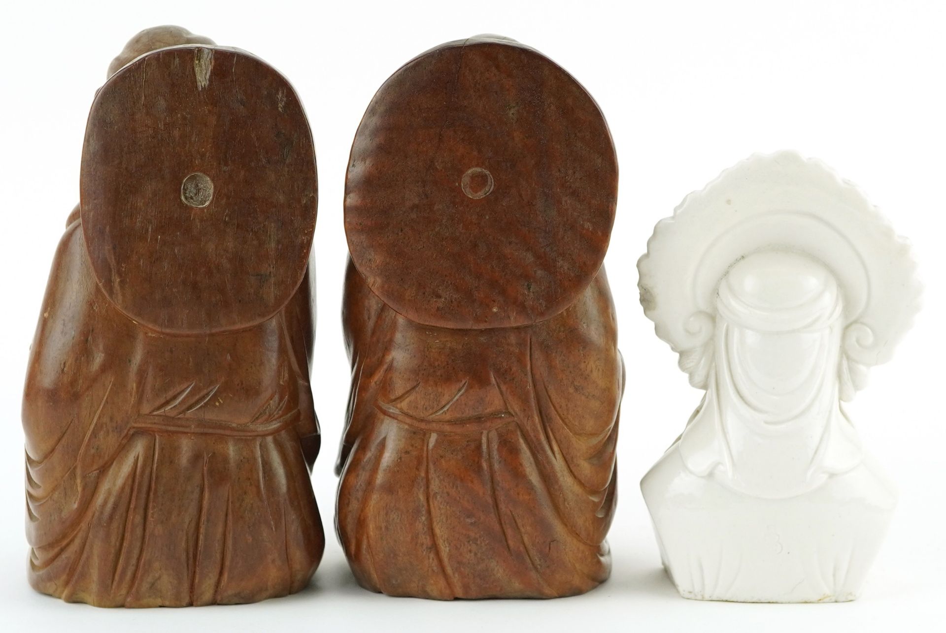 Pair of Chinese hardwood carvings of Buddha and blanc de chine glazed porcelain bust of Guanyin, the - Image 3 of 7