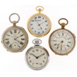 Four gentlemen's open face pocket watches including a chronograph pocket watch engraved Exhibition