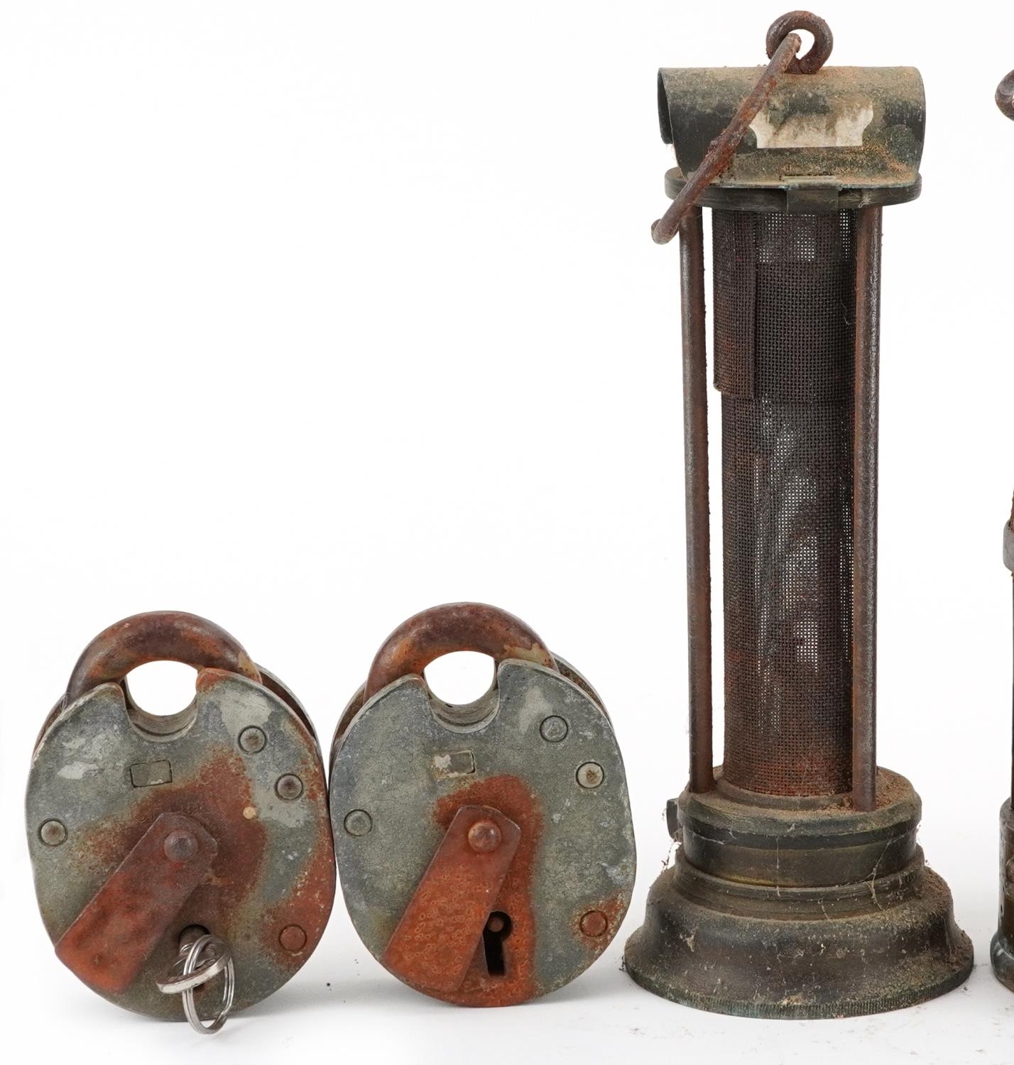 Two early 20th century miner's lamps and a Birchleaf coffee grinder, the largest 31cm high - Image 2 of 6