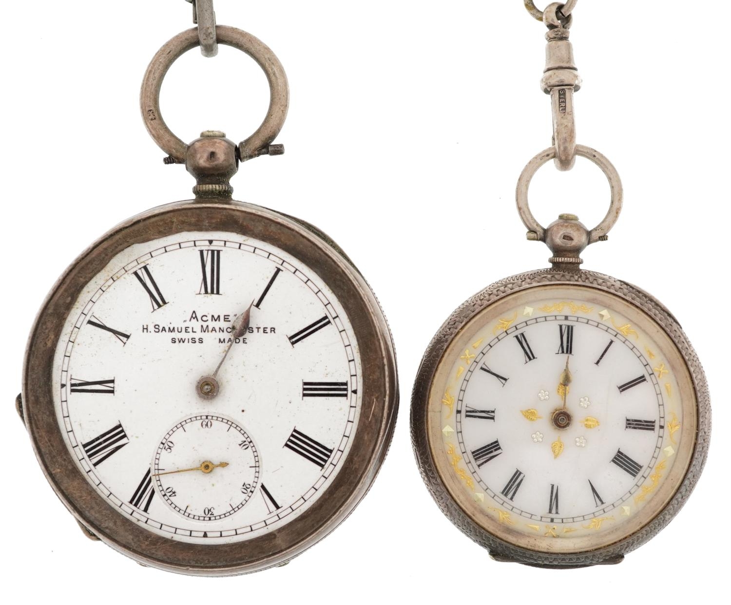 Two ladies and gentlemen's silver key wind open face pocket watches having enamelled dials and Roman - Image 2 of 6