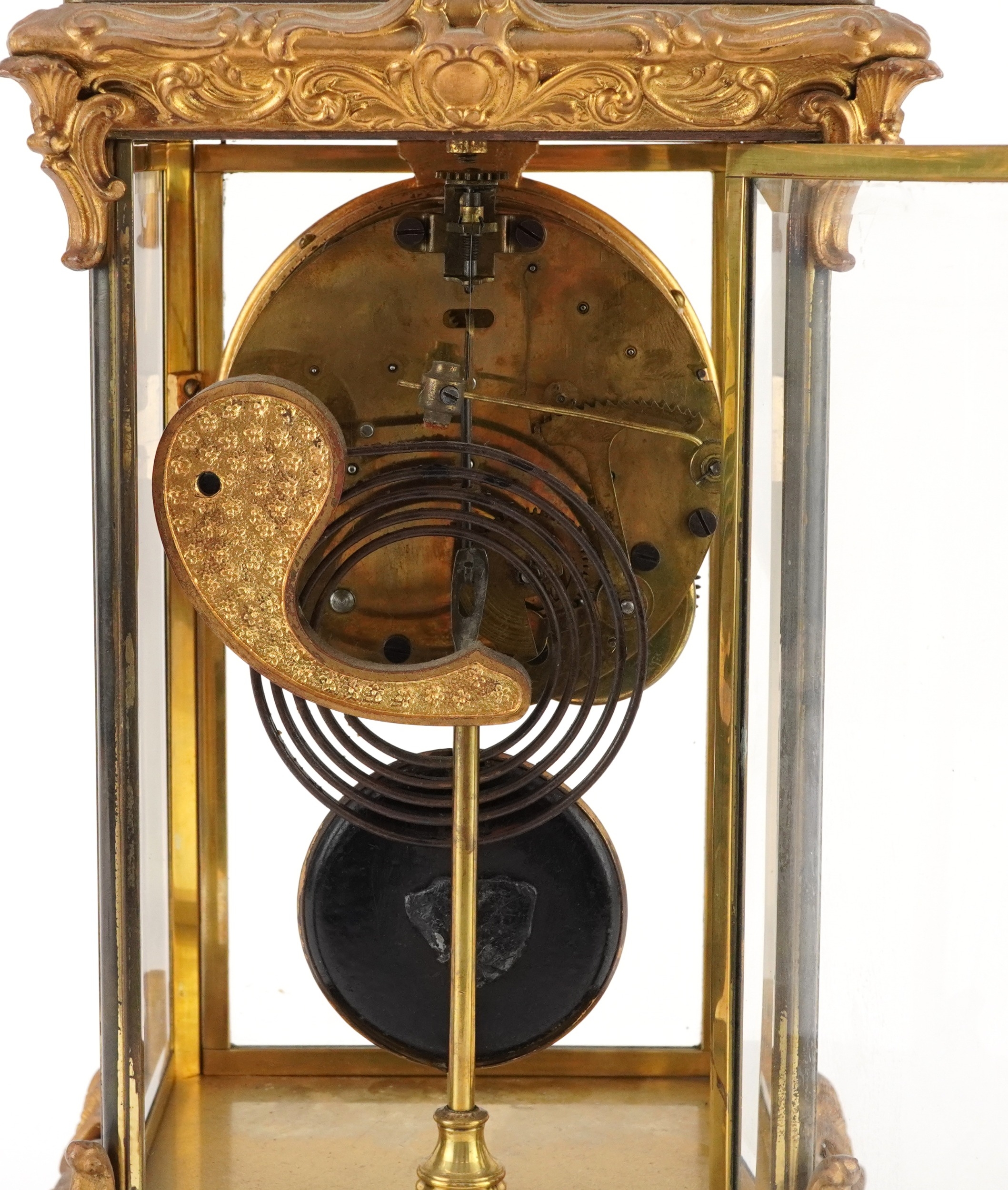 19th century ormolu four glass mantle clock striking on a gong with urn finial and circular - Image 6 of 8