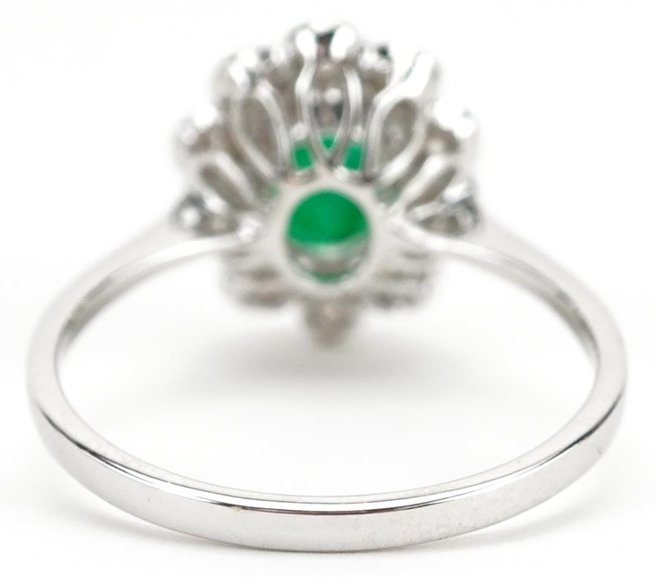18ct white gold emerald and diamond flower head ring, the emerald approximately 1.42 carat, total - Image 2 of 4