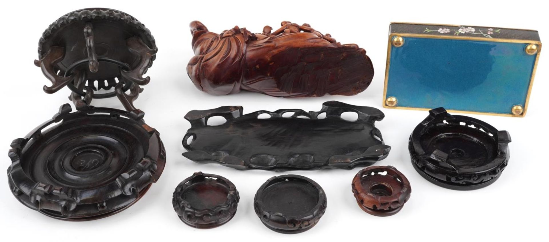 Chinese wooden and metalware including a root wood carving of Happy Buddha on stand surmounted - Image 9 of 9