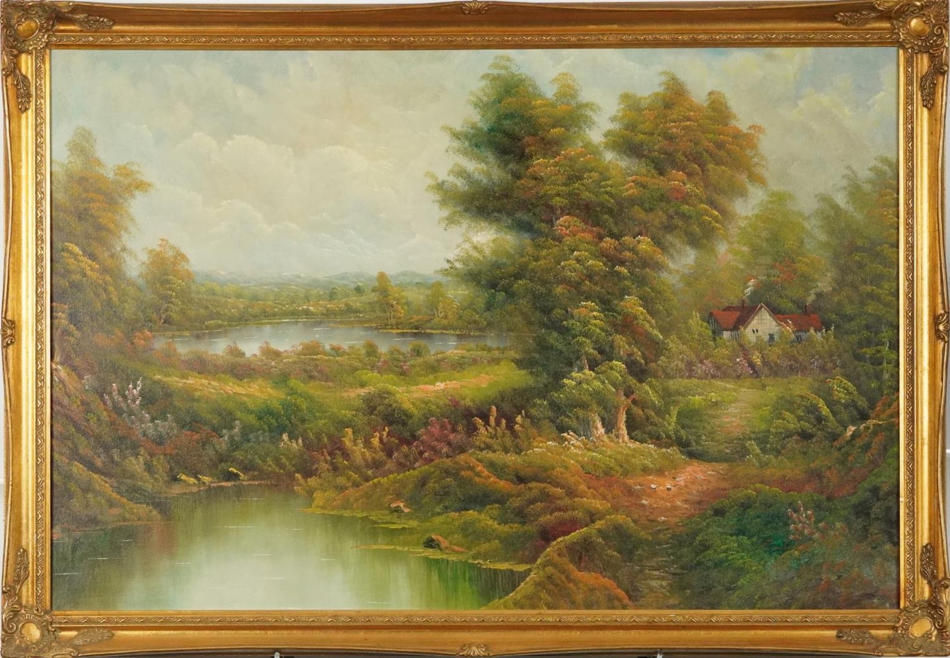 Lake scenes, three 19th century style contemporary oil on canvases/board, each mounted and framed, - Image 3 of 15