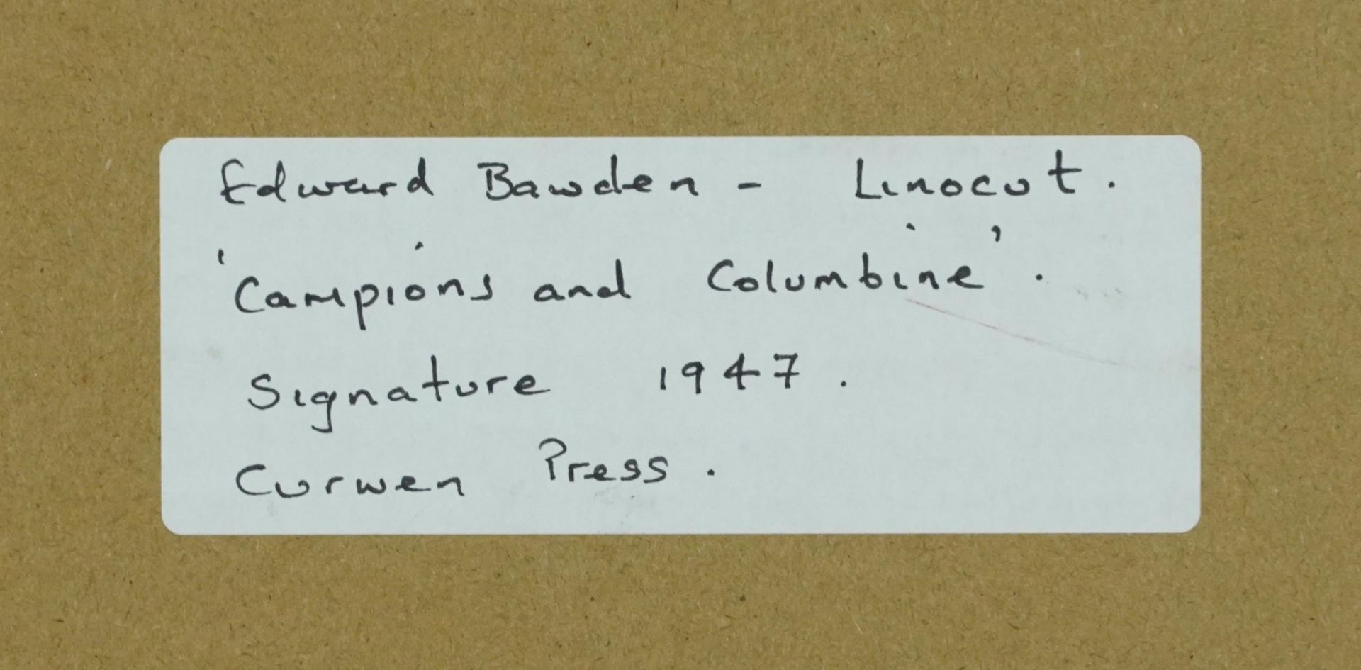 Edward Bawden - Campions and Columbine, linocut inscribed Signature 1947 Curwen Press verso, - Image 4 of 4