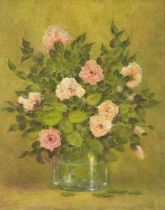 E Verne - Still life flowers in a glass vase, contemporary oil on board, mounted and framed, 48.