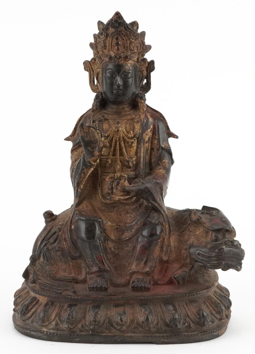 Chino Tibetan gilt bronze figure of Buddha on mythical animal, 22.5cm high