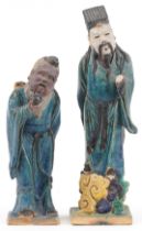 Pair of Chinese porcelain figures having sancai type glazes including one of an elder holding a