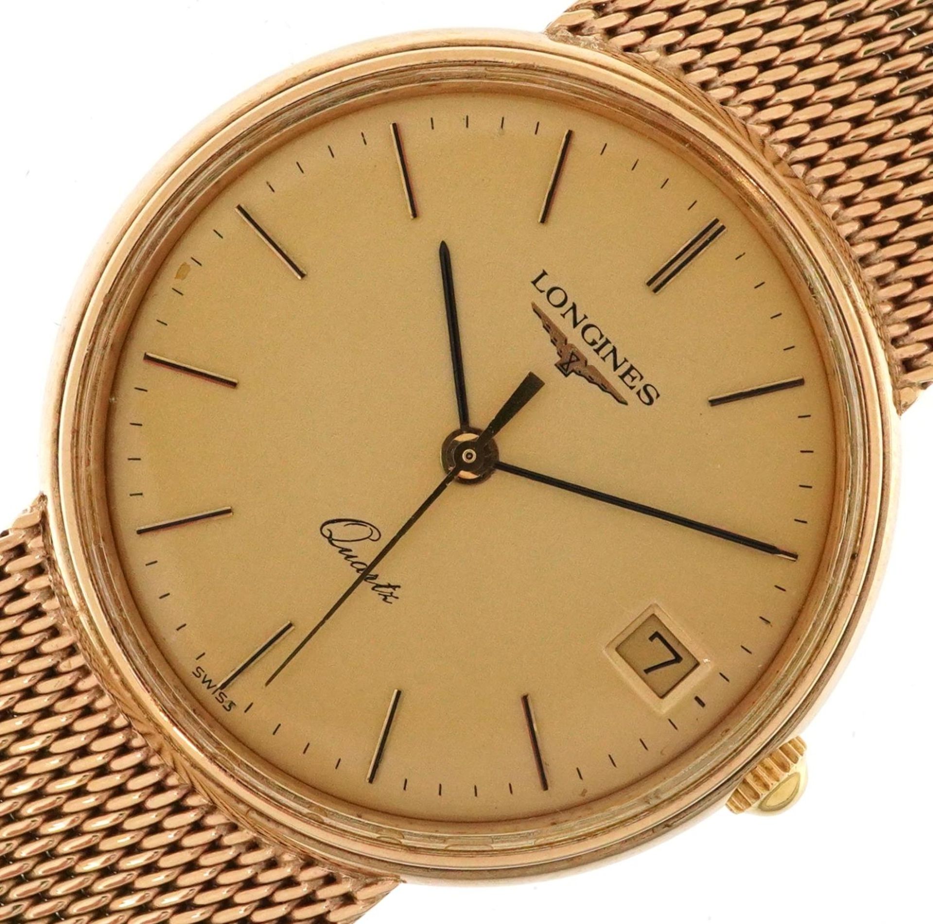 Longines, gentlemen's 9ct gold Longines quartz wristwatch with date aperture on a 9ct gold mesh link