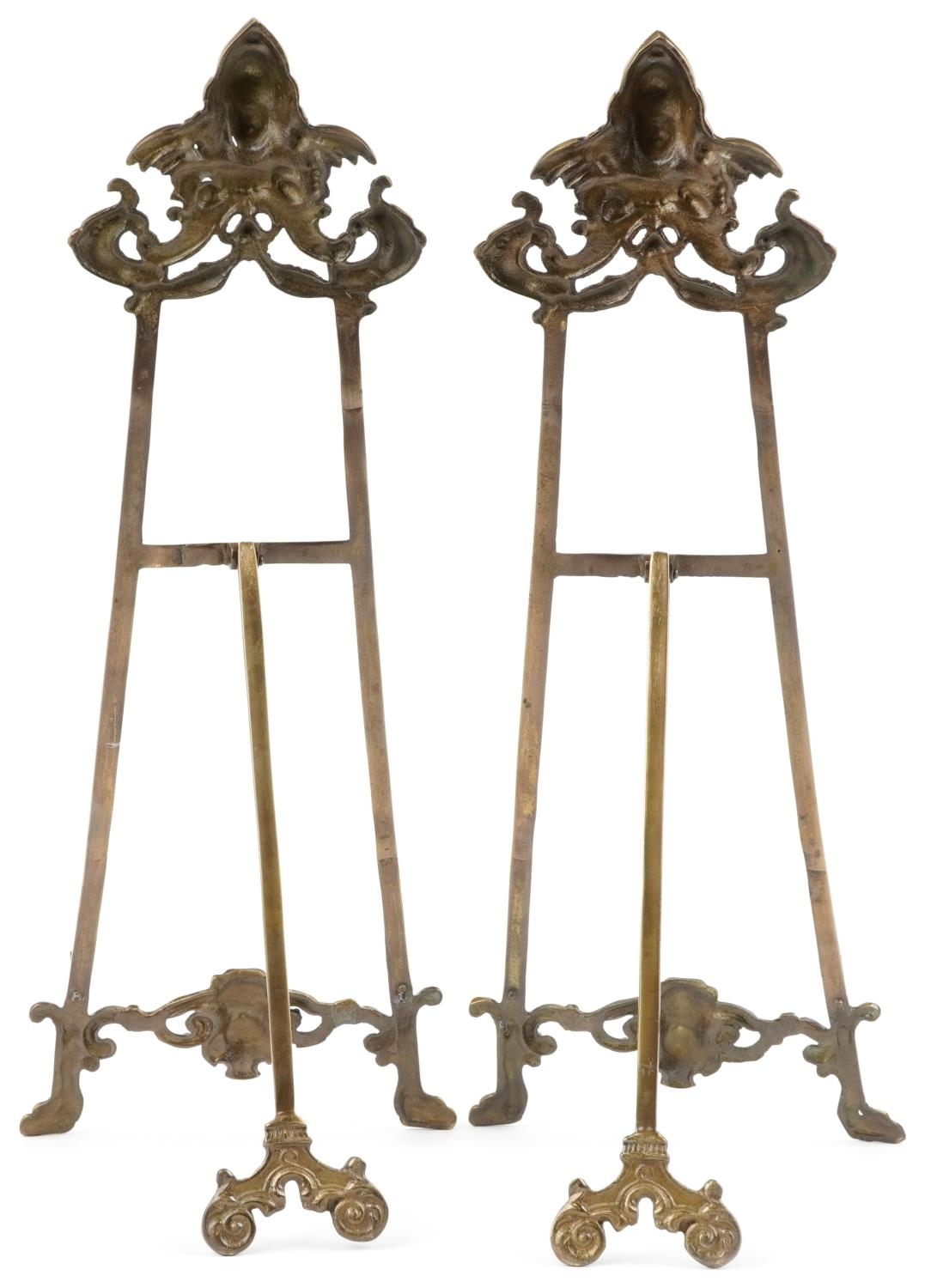 Pair of large Rococo style brass easel stands, 58cm high - Image 3 of 3