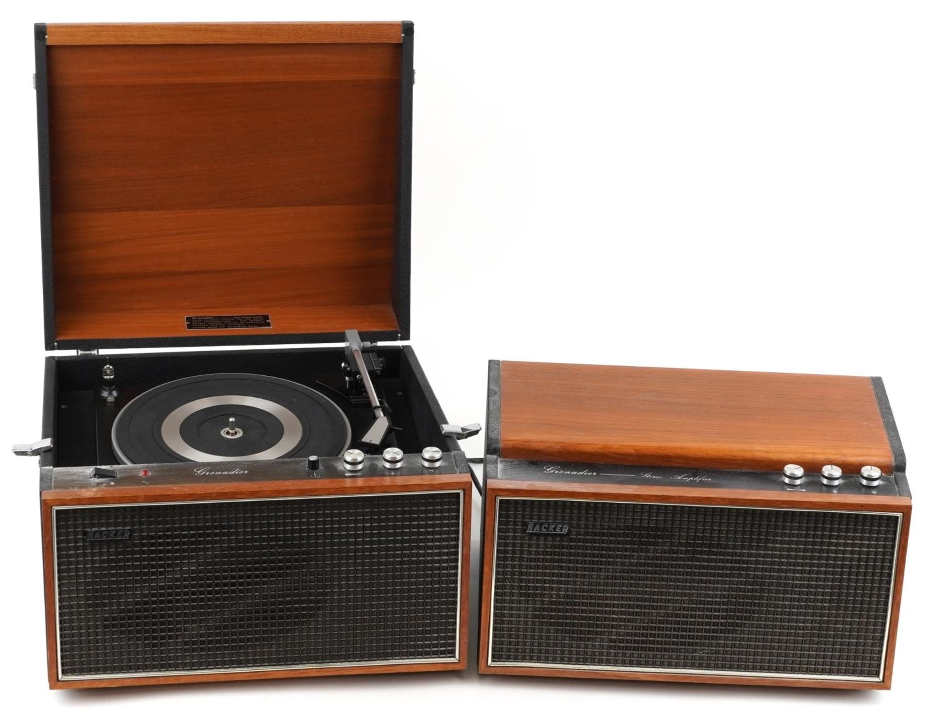 Vintage teak Hacker Grenadier record player, model SP25 MK111 and stereo amplifier model GP45, the