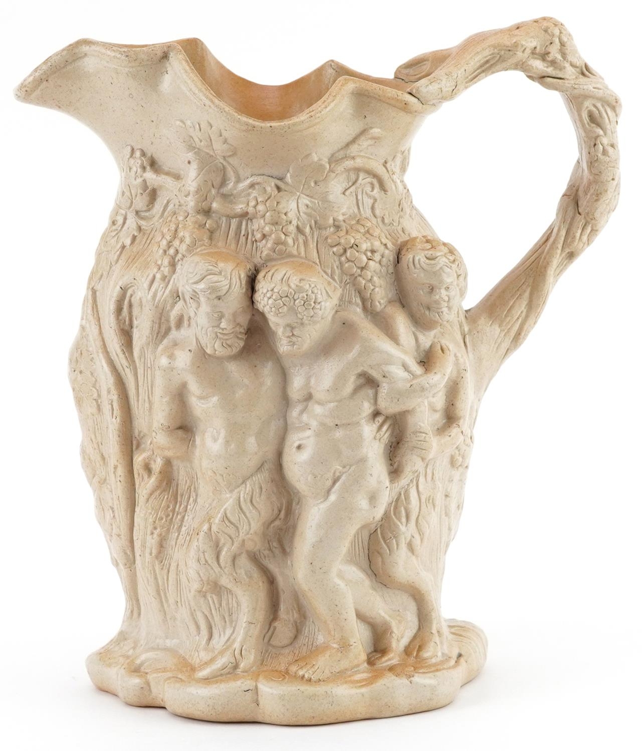 19th century salt glazed Greek mythological jug decorated in relief with Silenus & Bacchus, 22cm - Image 2 of 6