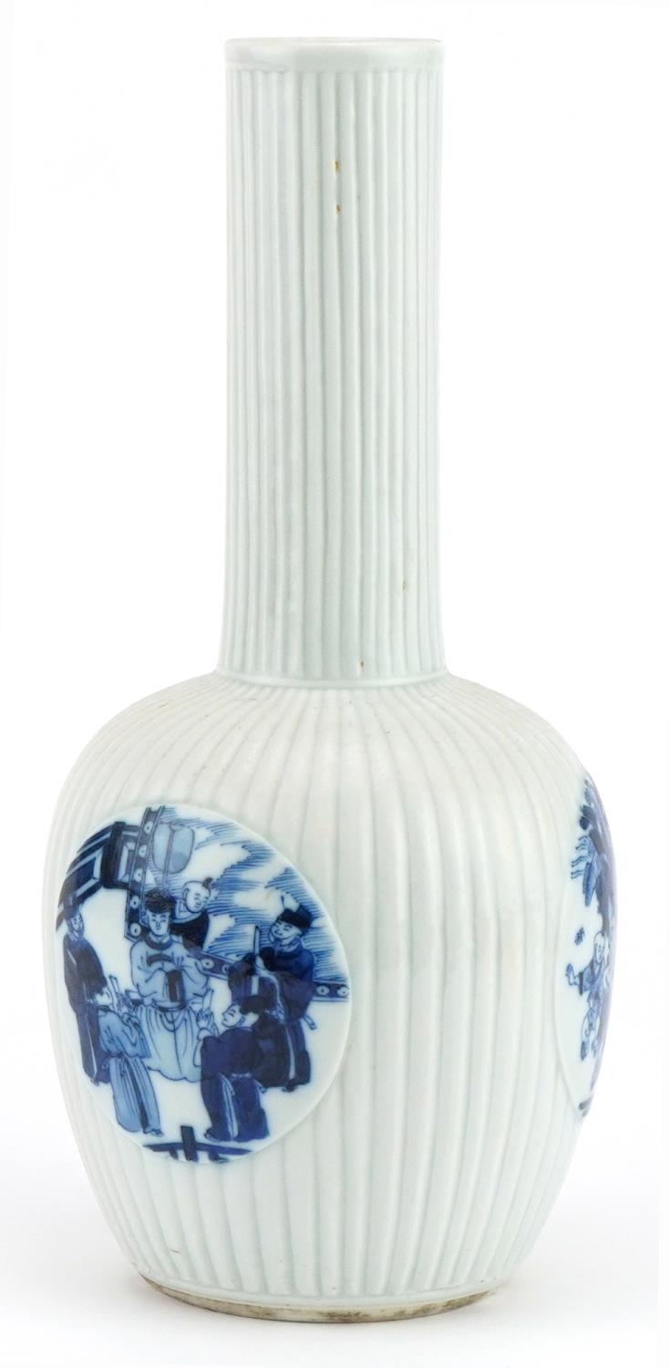 Chinese blue and white porcelain vase hand painted with three roundels of children playing in a - Image 4 of 6