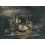 Men-O-War, naval interest oil on board, bearing an indistinct signature, mounted and framed, 39cm