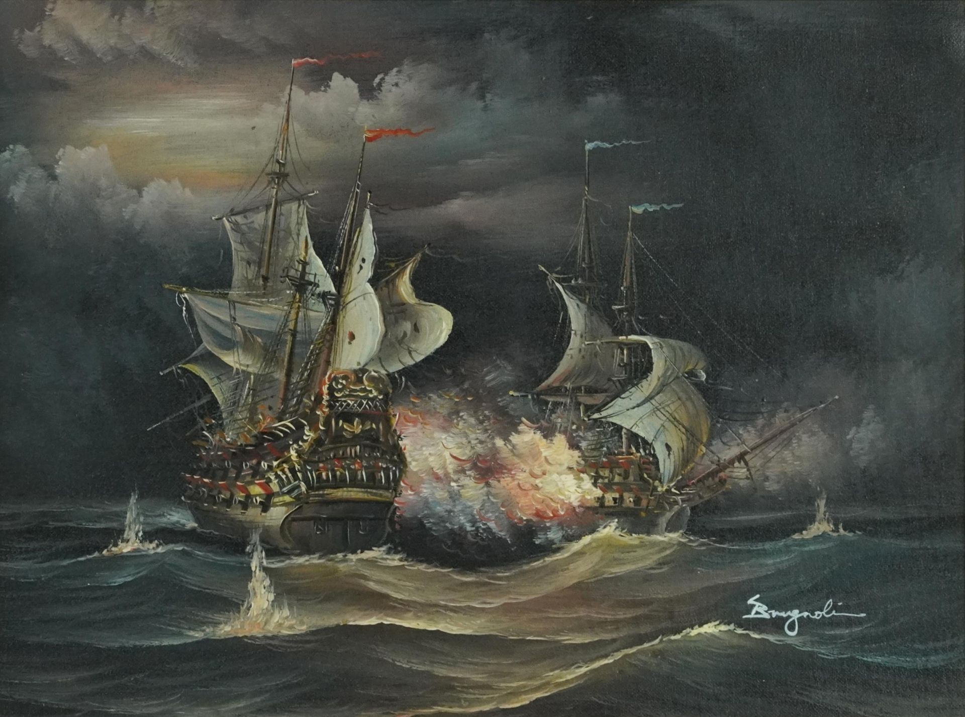 Men-O-War, naval interest oil on board, bearing an indistinct signature, mounted and framed, 39cm