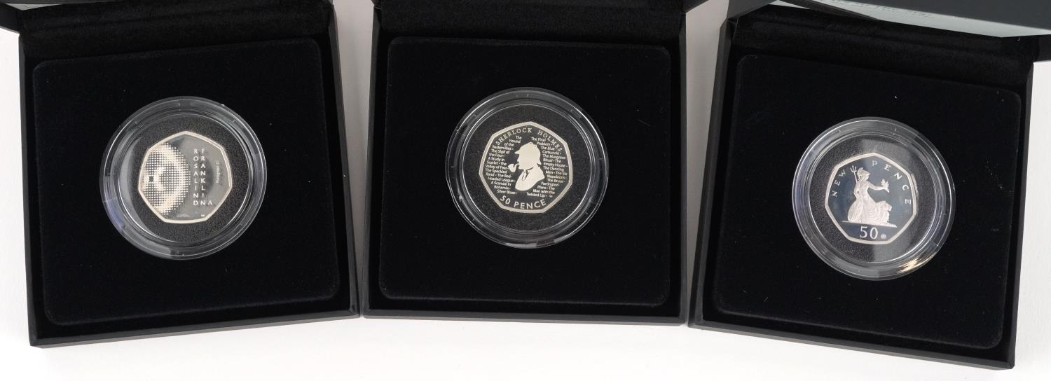 Three Royal Mint silver proof fifty pence pieces by The Royal Mint with fitted cases and boxes - Image 2 of 3