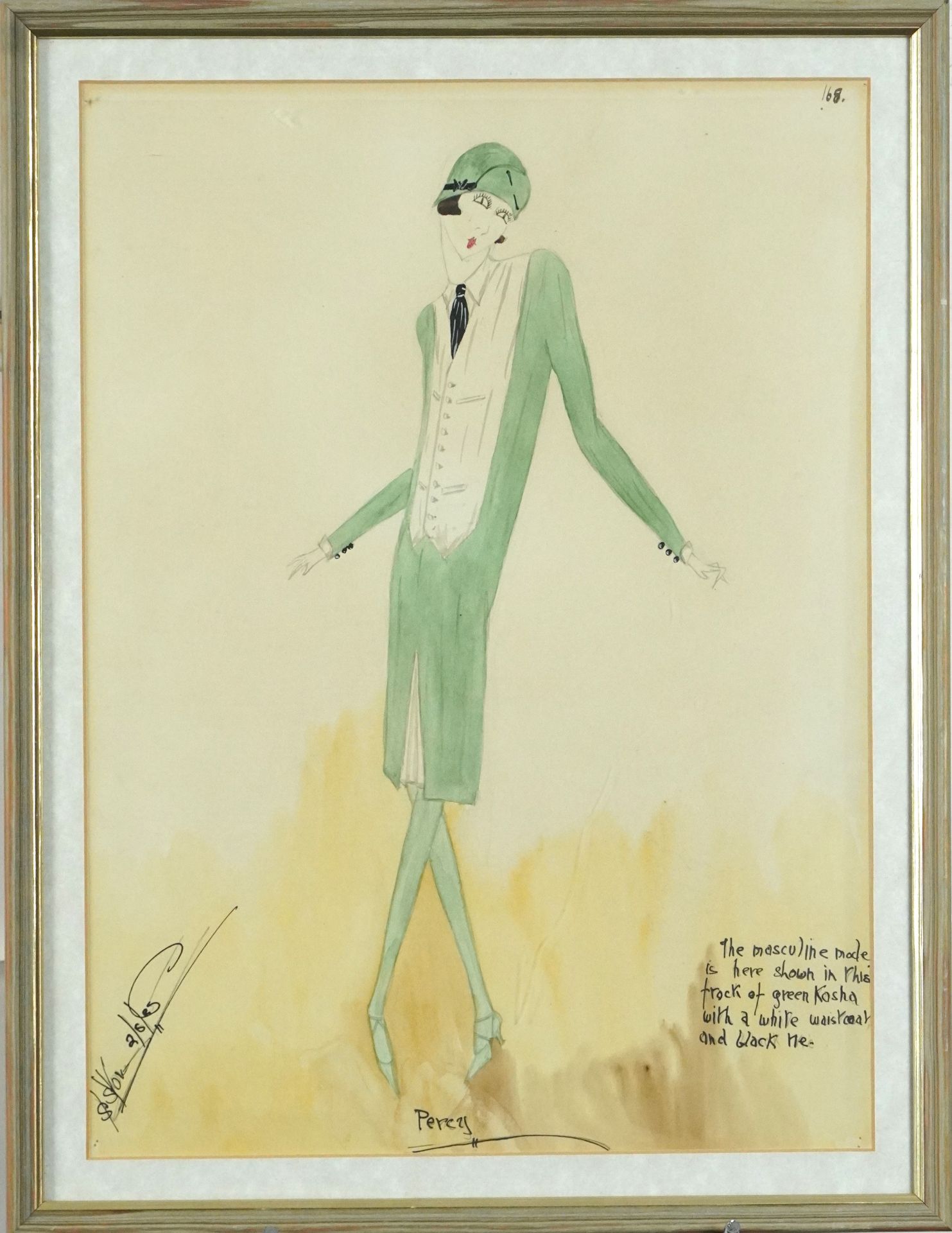 Female wearing a green Kosha frock with white waistcoat and black tie, Art Deco pencil and - Bild 2 aus 4