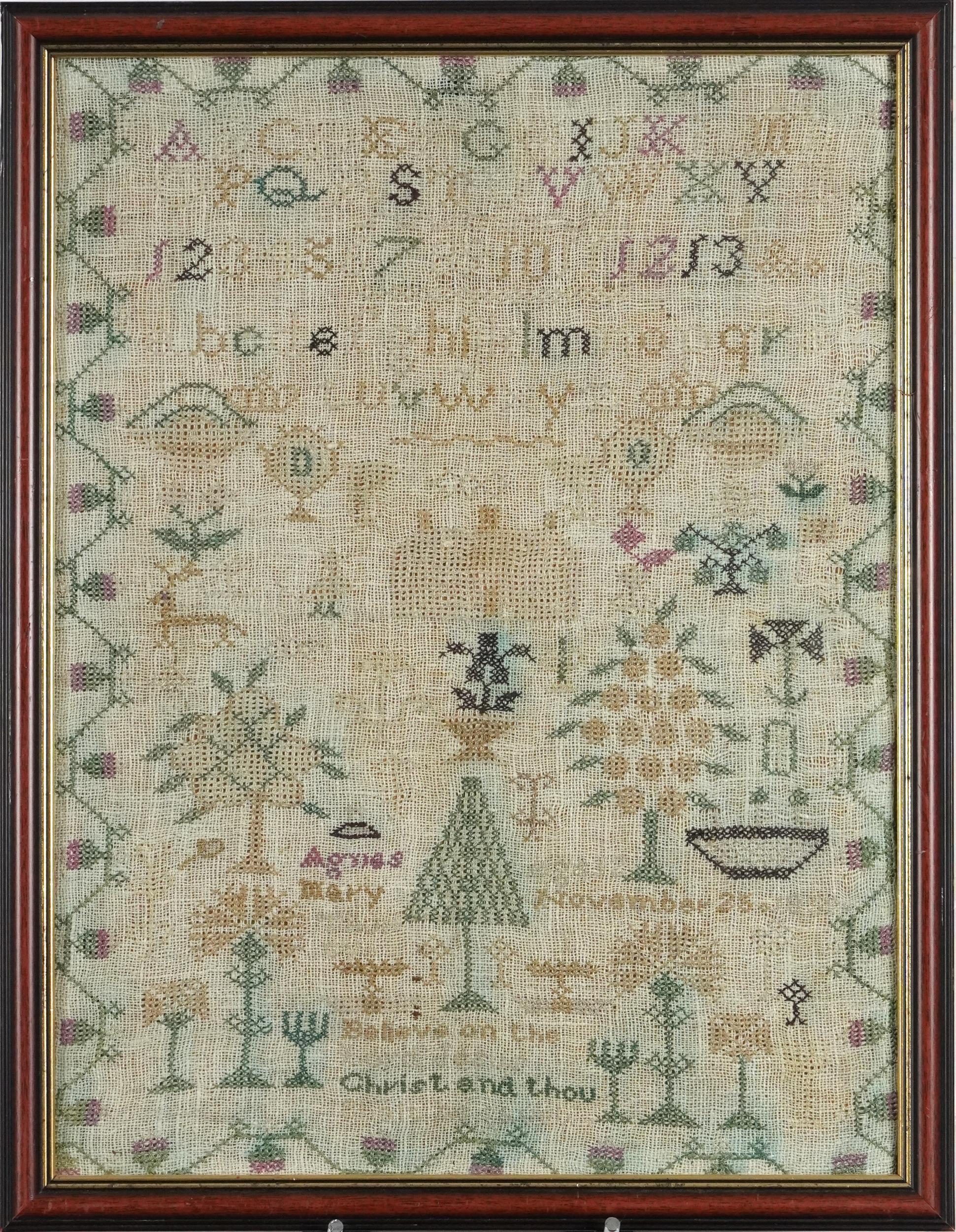 Antique needlework sampler worked by Agnes Mary age 12, framed and glazed, 40cm x 30cm excluding the - Image 2 of 3