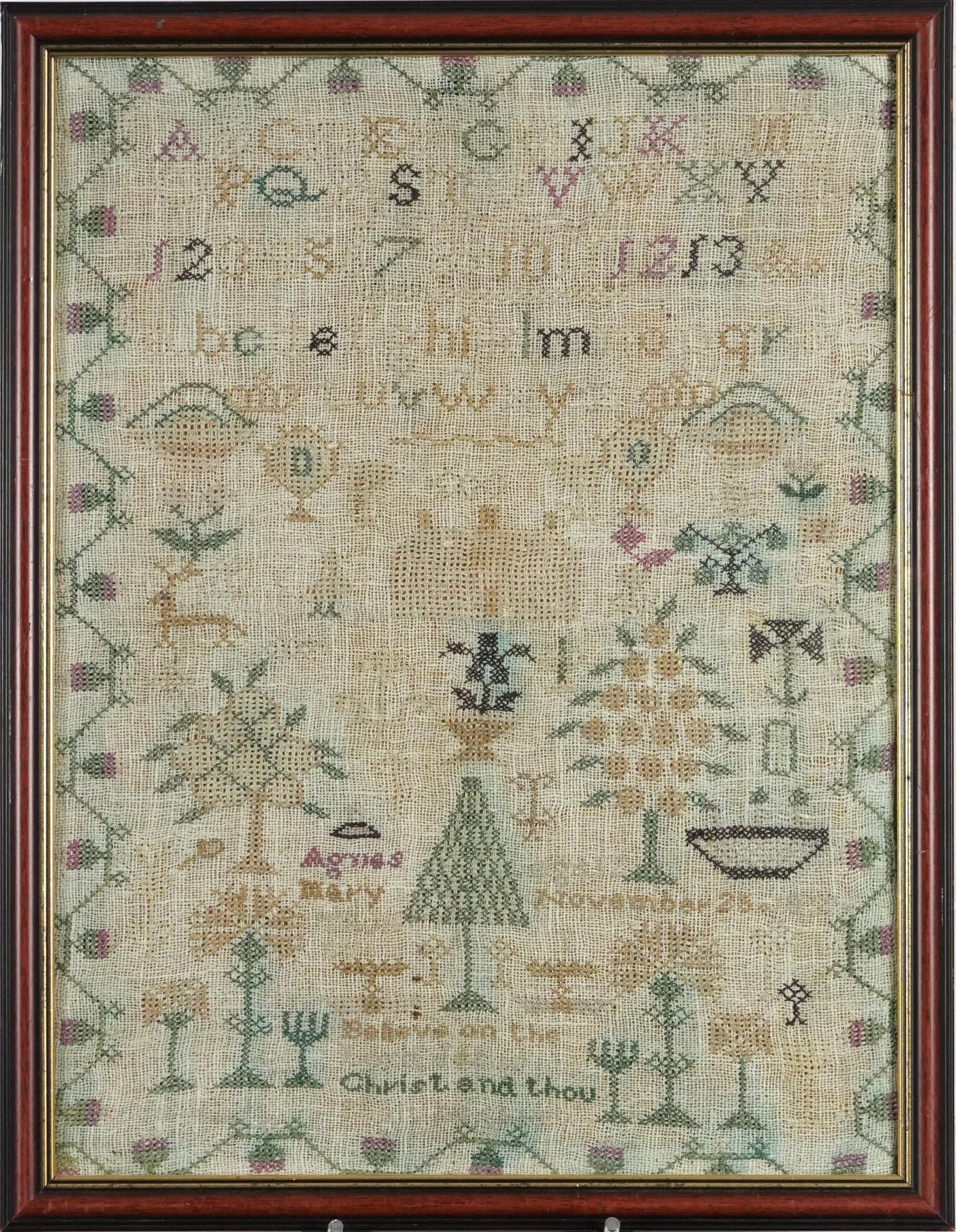 Antique needlework sampler worked by Agnes Mary age 12, framed and glazed, 40cm x 30cm excluding the - Bild 2 aus 3