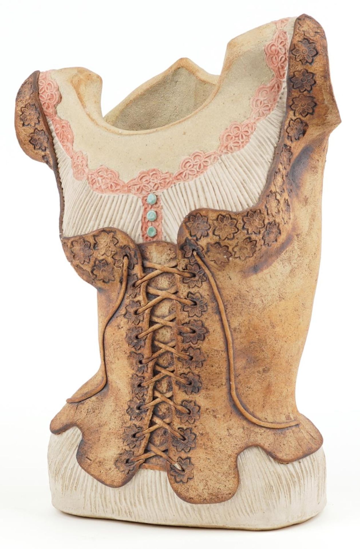 Merion John Warren, contemporary studio pottery torso of a female wearing a corset, 48cm high