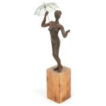 Neil Wilkinson, contemporary Brutalist cast resin sculpture of a nude female holding an umbrella